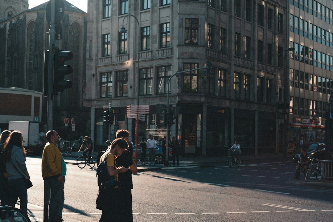 Group of documentary photographers working on a city street